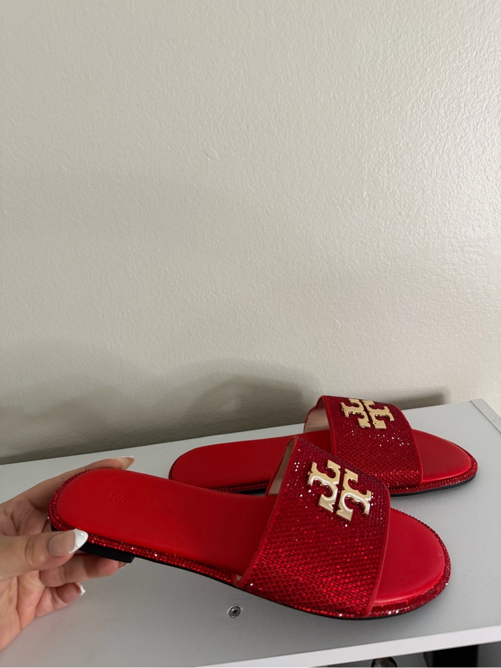 Tory Burch Red Sequin Slide Sandals with Gold Logo